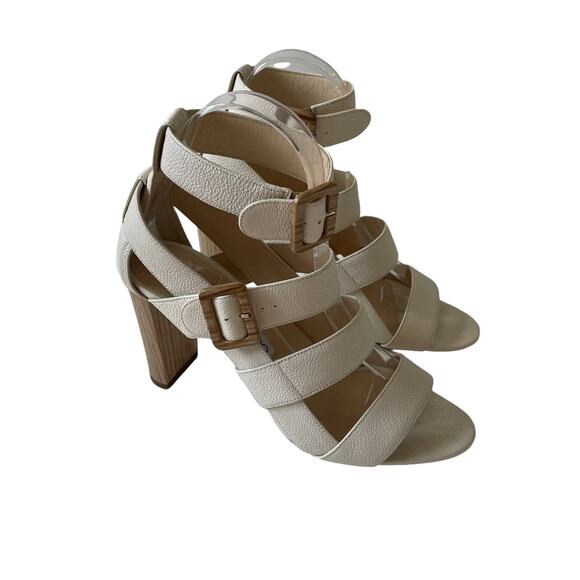 Jimmy Choo Maya 85 Cage Sandal Wood Heel Pebbled Leather Cream 37.5 - Picture 3 of 14